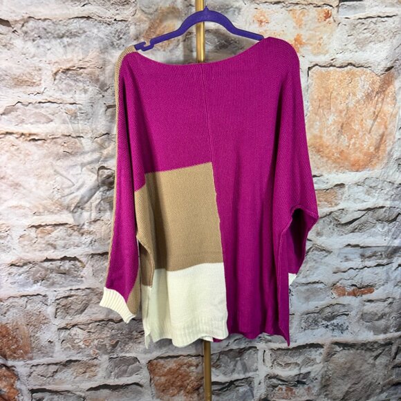 Andree By Unit - Color Block Round Neck Sweater - Magenta, Tan, Cream - 1X - - Picture 3 of 7
